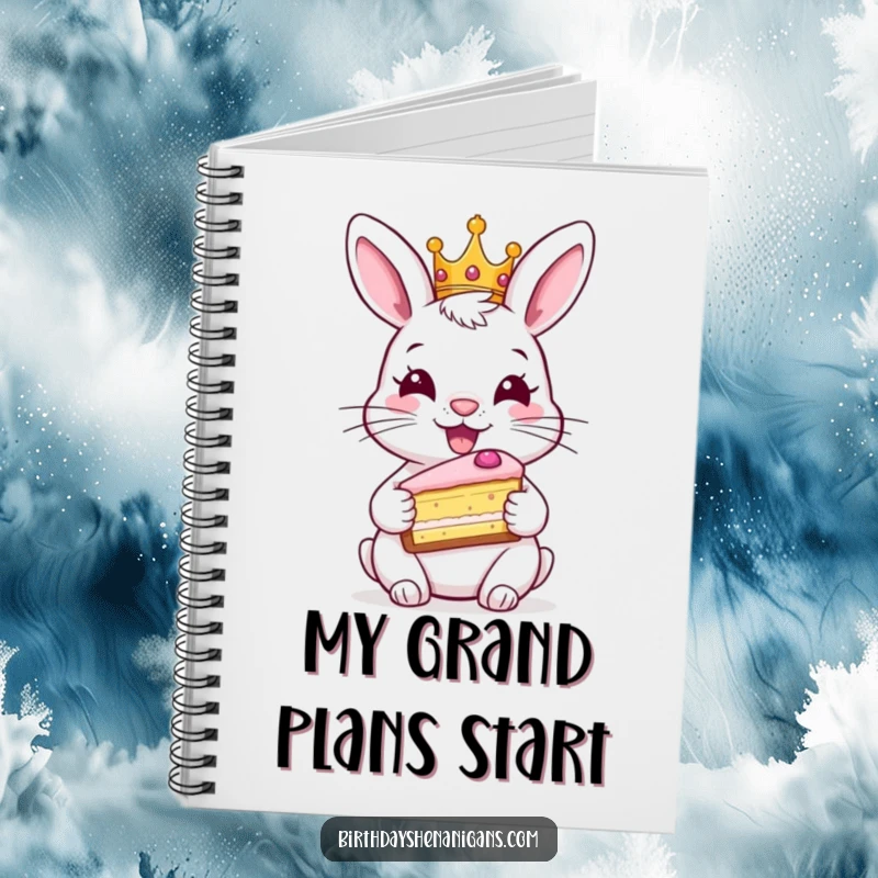 Funny rabbit notebook, wearing crown, holding cake, royal flair, writing ideas, cute bunny, humorous.