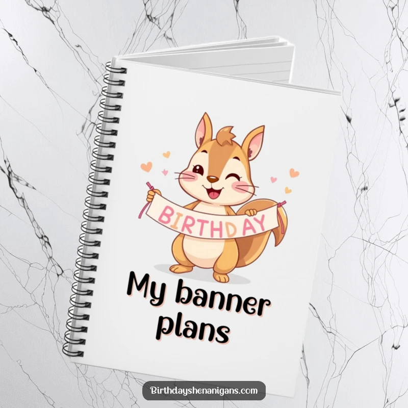 Funny squirrel notebook with a playful character holding a birthday banner, ideal for writing and drawing.