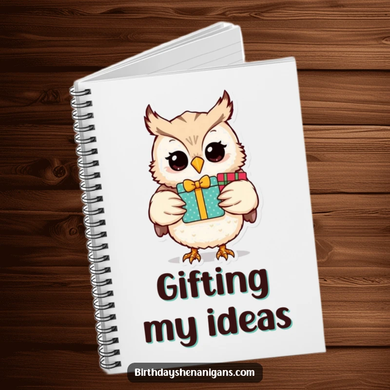 Funny owl character holding presents on a notebook cover, inspiring wise and humorous writing.