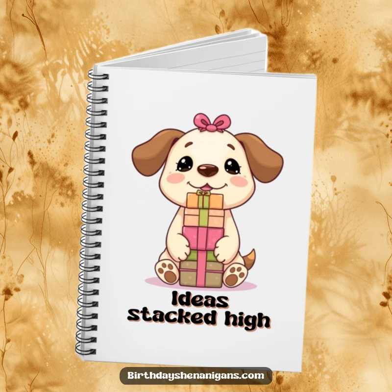 Funny Kawaii dog with a stack of presents on its nose, ready to take notes, cute and functional for journaling.
