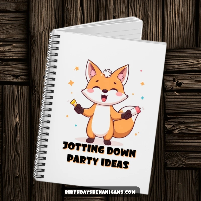 Funny notebook with a gleeful fox character mastering the art of juggling party poppers, ideal for creative minds.