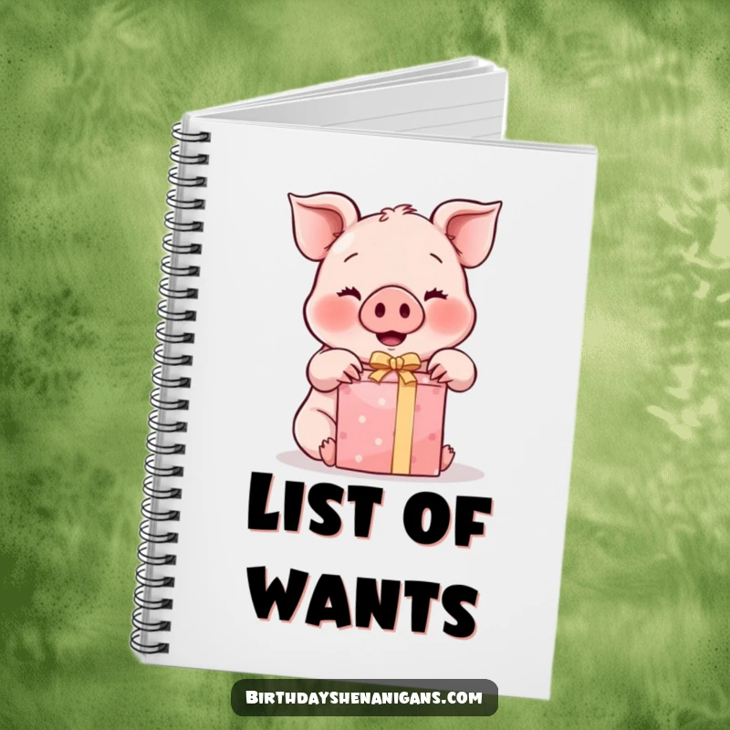 Funny Kawaii Pig Notebook: A kawaii pig with rosy cheeks enthusiastically unwrapping a gift graces the cover of this funny notebook.