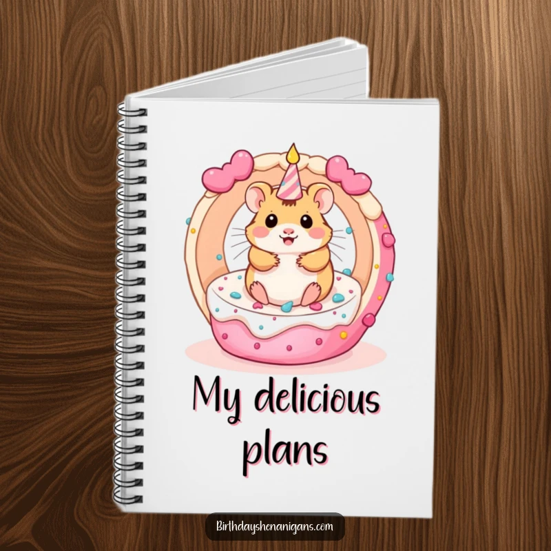 Funny kawaii hamster spinning inside a rolling birthday cake, on the cover of a cute and humorous notebook.