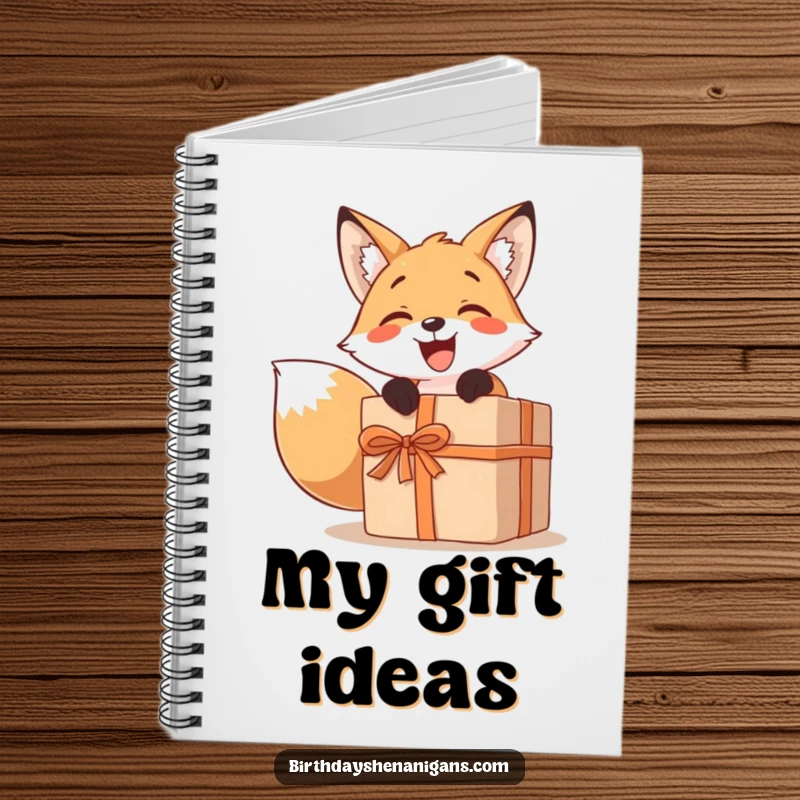 Funny notebook with a smiling fox character excitedly unwrapping a comically large present, ideal for notes and ideas.
