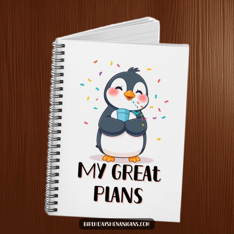 Funny notebook featuring a wobbly penguin enthusiastically blowing a confetti popper, perfect for note-taking and journaling.