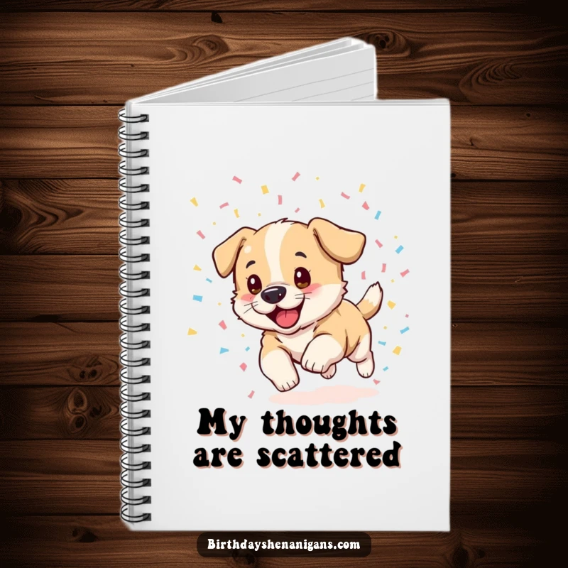 Funny puppy notebook, excited, chasing confetti, celebration theme, writing ideas, creative and humorous.
