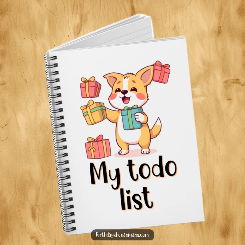 Funny notebook with a determined dog character juggling three colorful gift boxes, ideal for organized notes and to-do lists.