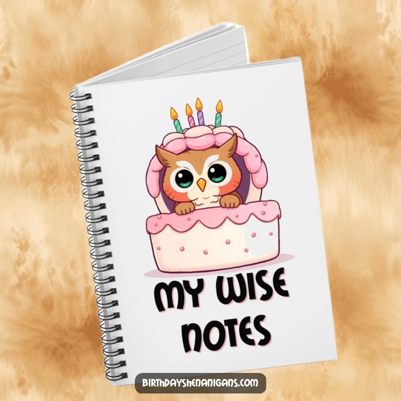 Funny notebook featuring a curious owl peeking from behind a giant birthday cake, perfect for jotting down ideas and secrets.