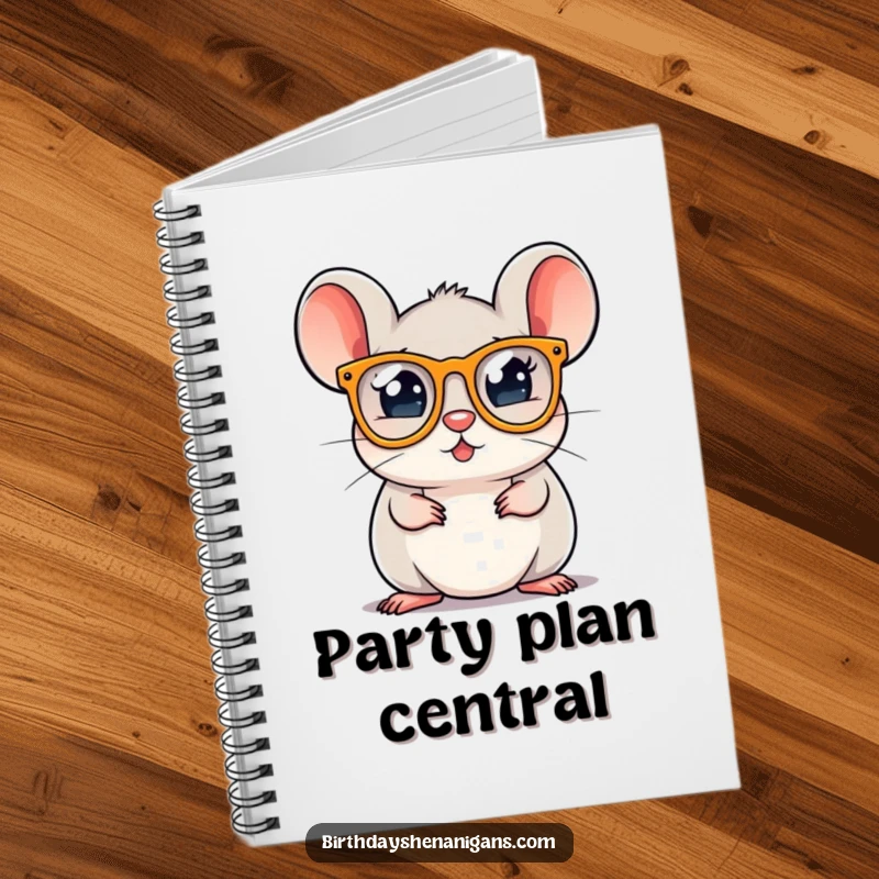 A round mouse character in party glasses on a notebook cover, inspiring fun plans and humorous notes.