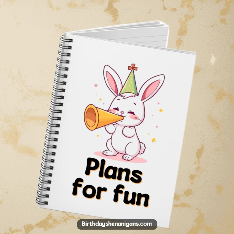 Funny notebook with a cute bunny wearing a party hat, gleefully blowing a giant party horn, ideal for writing, drawing, or planning.