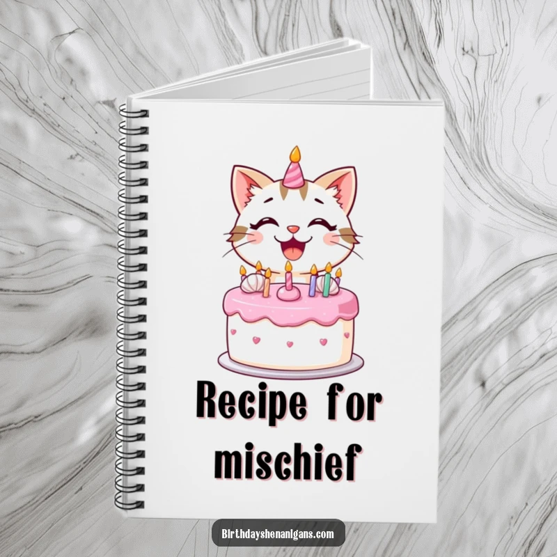 Funny kawaii cat with a huge smile decorating a birthday cake with frosting on a notebook cover.