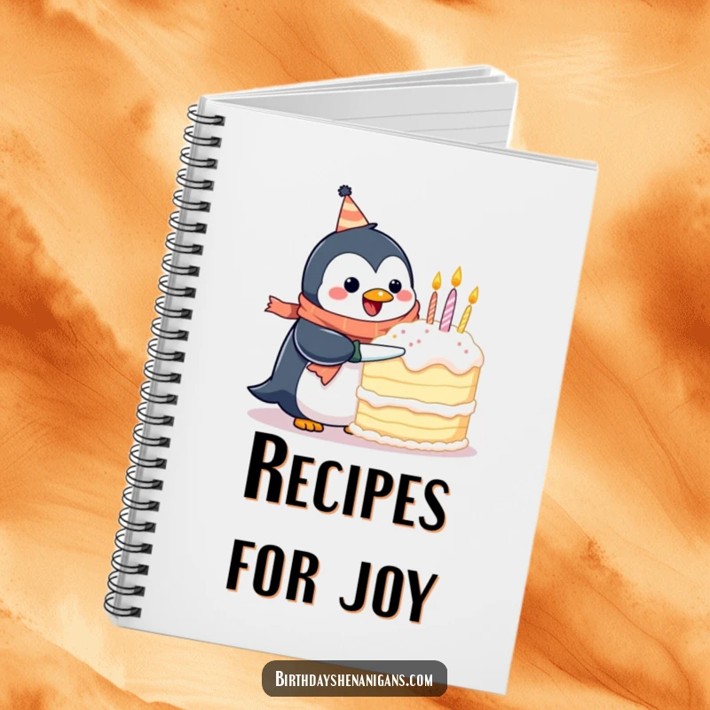 Funny notebook with a happy penguin wearing a birthday scarf, attempting to cut a giant cake, ideal for notes and plans.