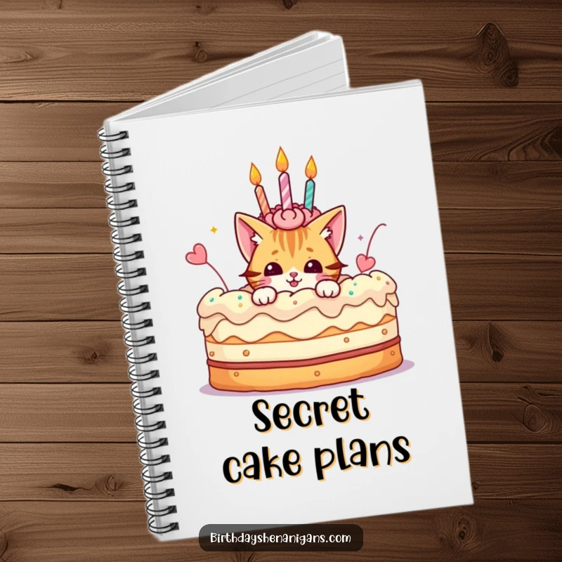 Funny notebook with a playful cat character peeking from a giant birthday cake, ideal for notes and creative ideas.
