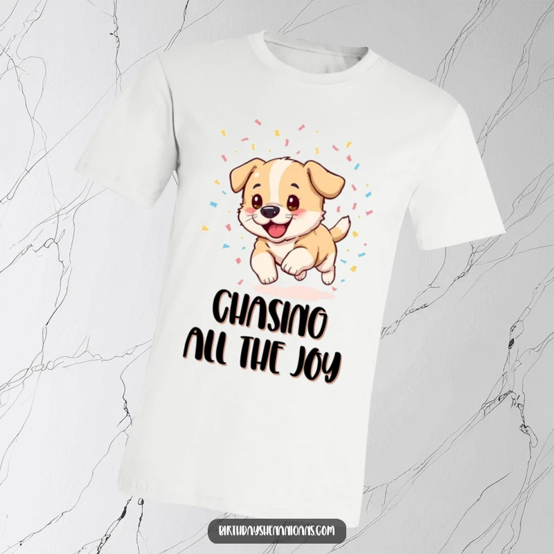 Funny puppy t-shirt, excited, chasing confetti cascade, energetic, playful, celebration attire, humorous dog.