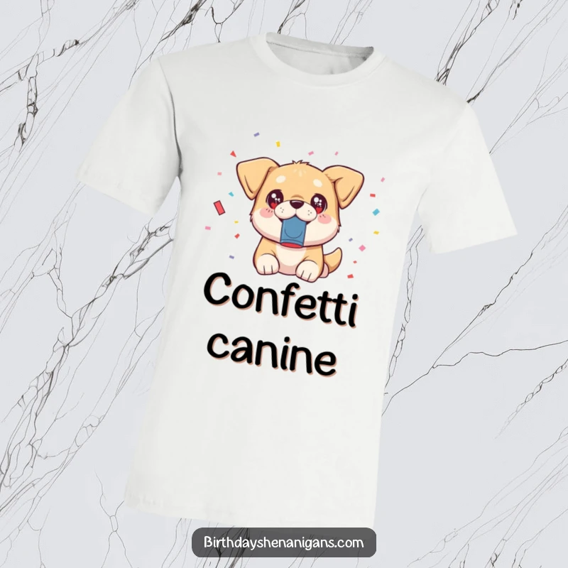 Funny kawaii dog with sparkling eyes happily launching confetti from a popper, printed on a t-shirt.