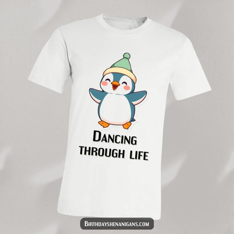 Funny Kawaii Penguin T-Shirt: A festive penguin grooves in a silly dance, capturing a moment of pure, funny celebration.