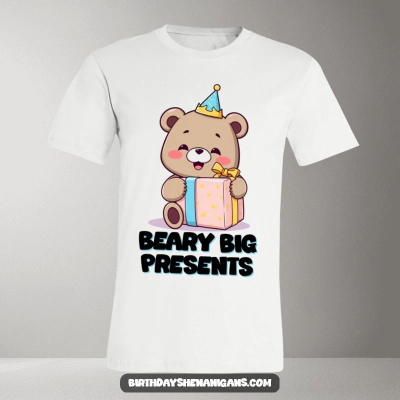 Funny t-shirt of a smiling bear with a birthday crown, joyfully opening a disproportionately large gift, capturing the spirit of surprise.