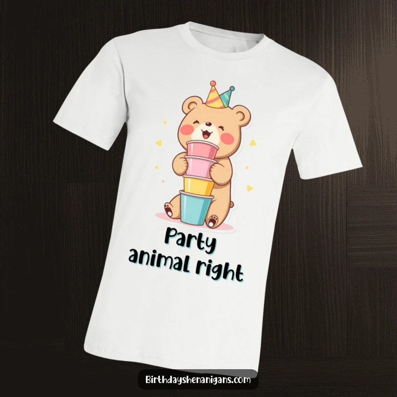 Funny Bear T-Shirt: A cute bear character stacking colorful party cups with enthusiasm.