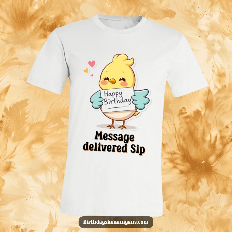 Funny whimsical bird character delivering a birthday card, printed on a comfortable t-shirt, symbolizing birthday cheer.