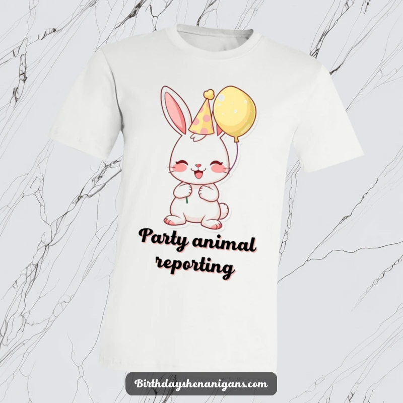 Funny birthday t-shirt featuring a cheerful bunny character in a party hat, holding a balloon, radiating happiness.