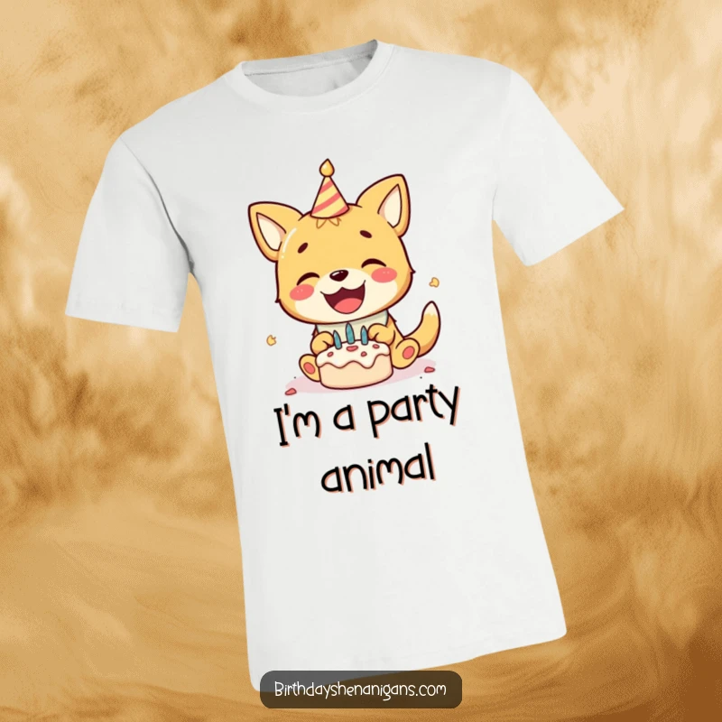 Funny t-shirt featuring a delighted dog in a birthday bib, gleefully smashing a small cake, capturing pure party chaos.