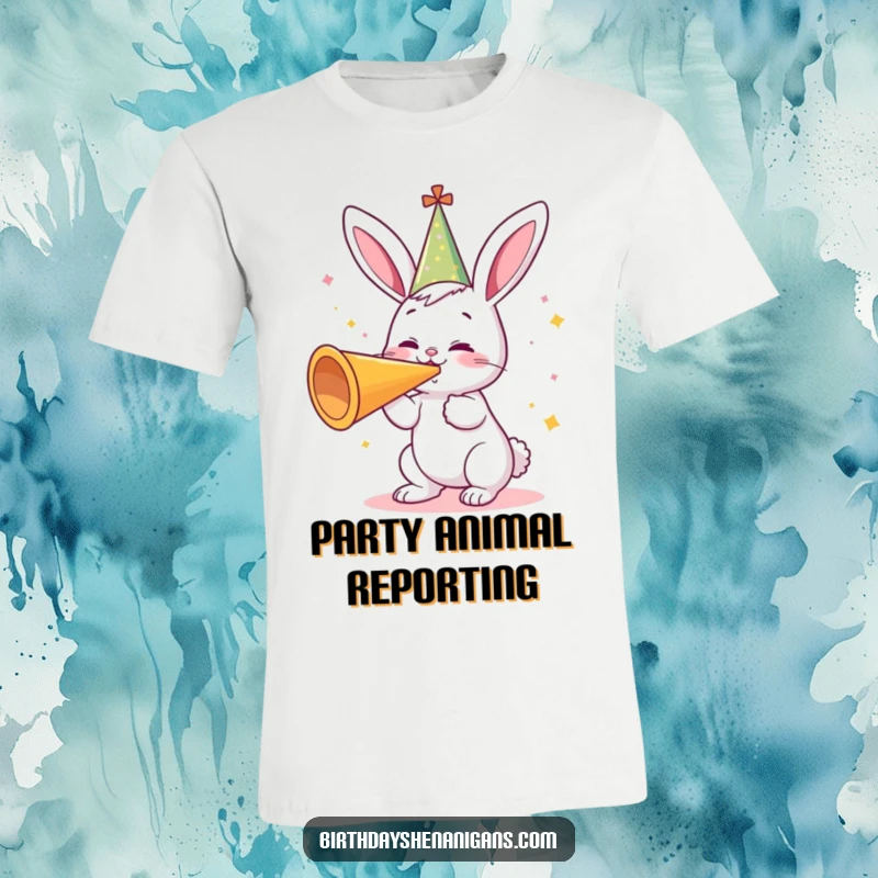 Funny t-shirt with a cute bunny wearing a party hat, gleefully blasting a giant party horn, radiating pure, unadulterated fun.