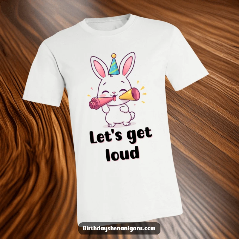 Funny Bunny T-Shirt: A happy bunny character blowing a giant party horn, radiating excitement and celebration.