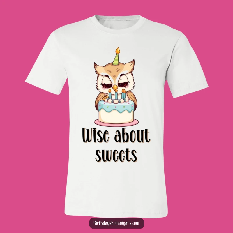 Funny Curious Owl Birthday Cake T-Shirt - Whimsical Party Tee Gift