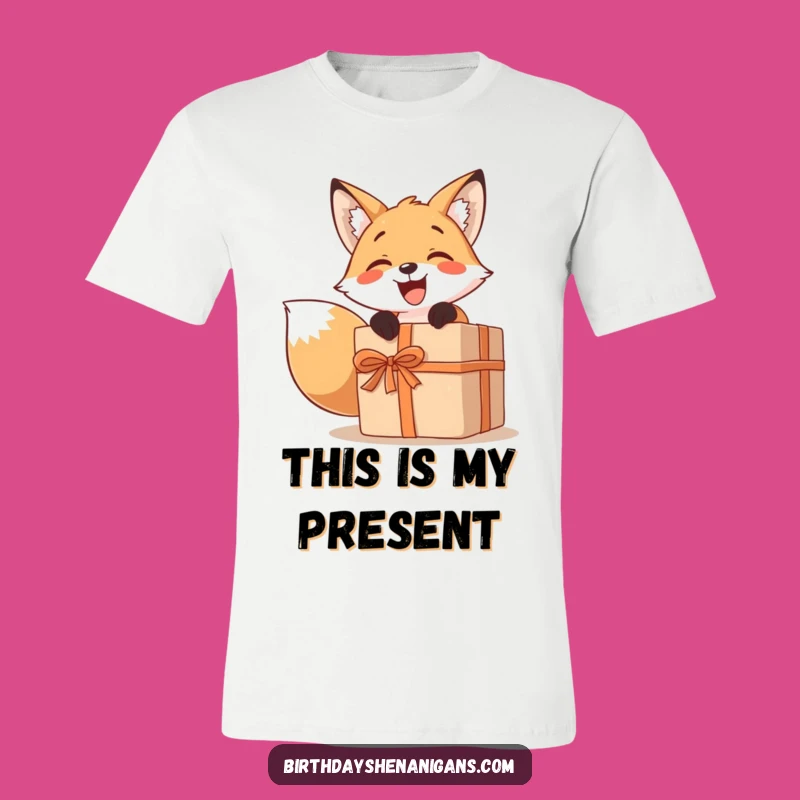 Funny Fox Gift T-Shirt: Excited Character Unwrapping Large Present, Fun Tee