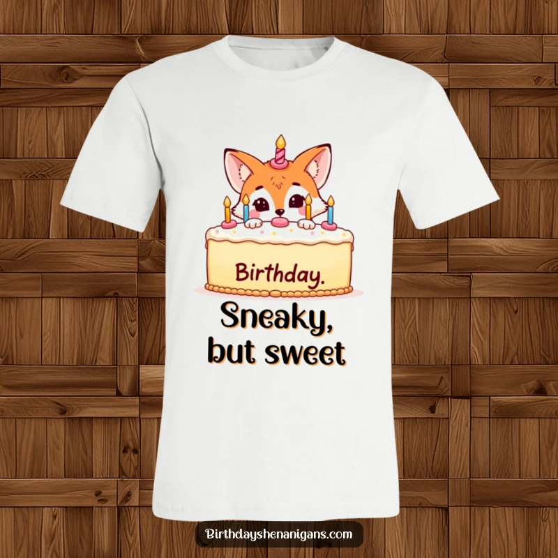 Funny t-shirt graphic of a cunning fox peeking from behind a massive, delicious-looking birthday cake, hinting at mischief.