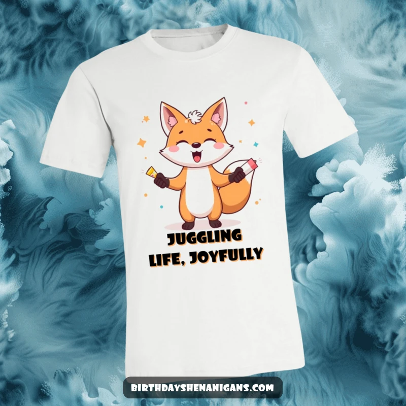 Funny t-shirt showcasing a gleeful fox character expertly juggling multiple party poppers that are bursting with confetti and fun.