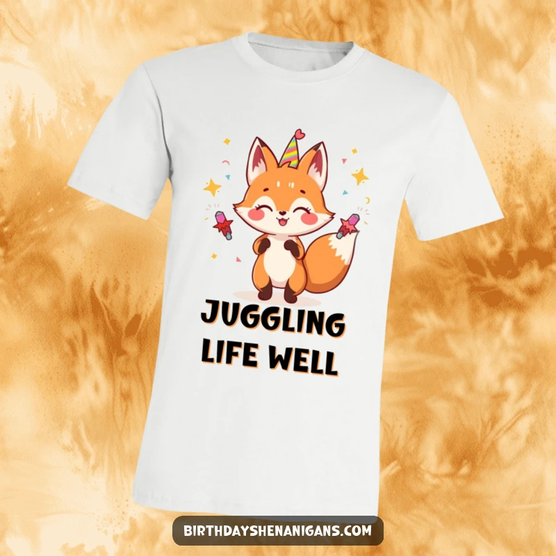 Funny fox t-shirt depicting a gleeful character skillfully juggling multiple party poppers with a mischievous grin.