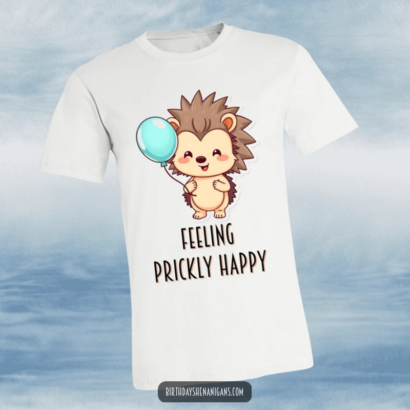 Funny hedgehog t-shirt featuring a cute, smiling character holding a vibrant, floating balloon with care.