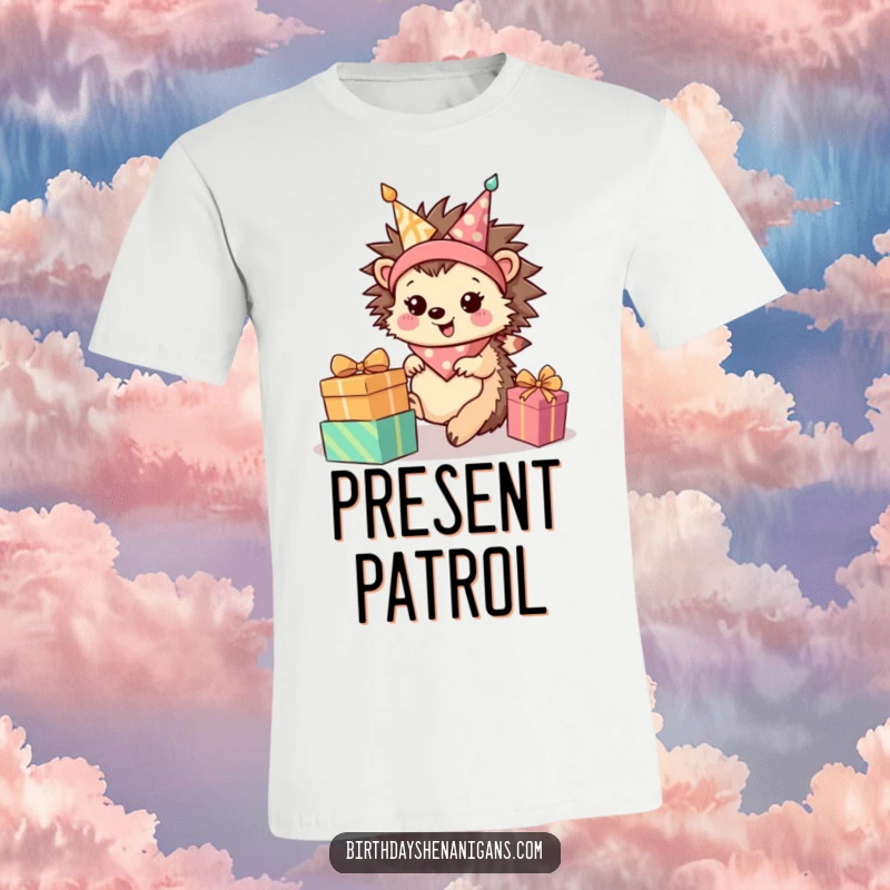 Funny Hedgehog T-Shirt: Happy character rolls towards presents, wearing a bandana, a humorous celebration.