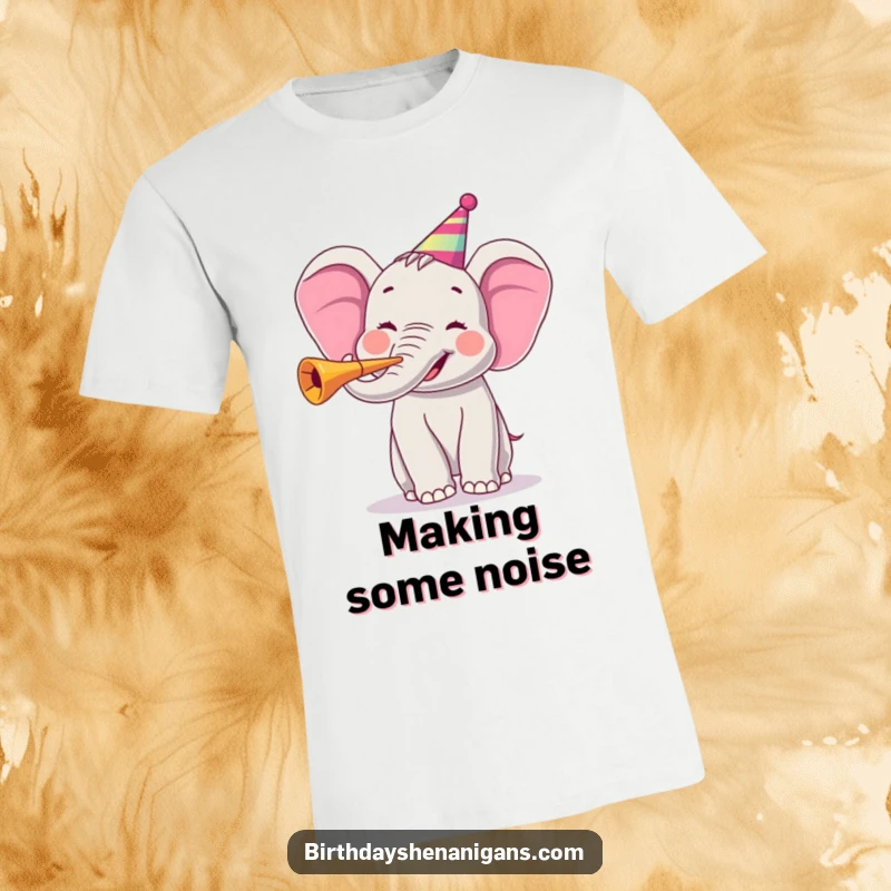 Funny t-shirt featuring a joyful elephant character blowing a party horn with great enthusiasm, embodying celebratory fun.