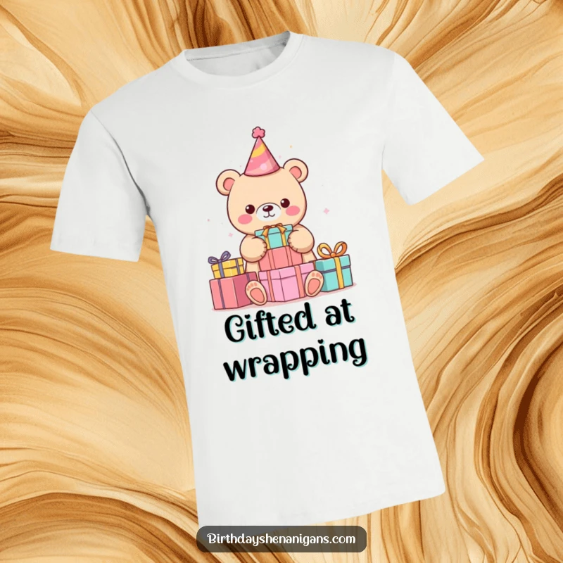 Funny kawaii bear wearing a party hat, stacking colorful presents with excitement, printed on a t-shirt for a humorous and cute look.