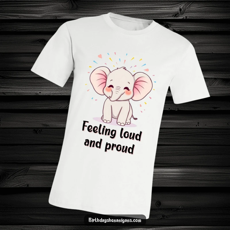 Funny kawaii elephant character trumpeting joyfully, covered in streamers, on a birthday t-shirt.