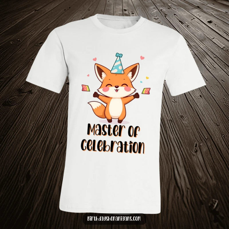 Funny kawaii fox character enthusiastically juggling party hats on a T-shirt, embodying a vibrant and cheerful party vibe.