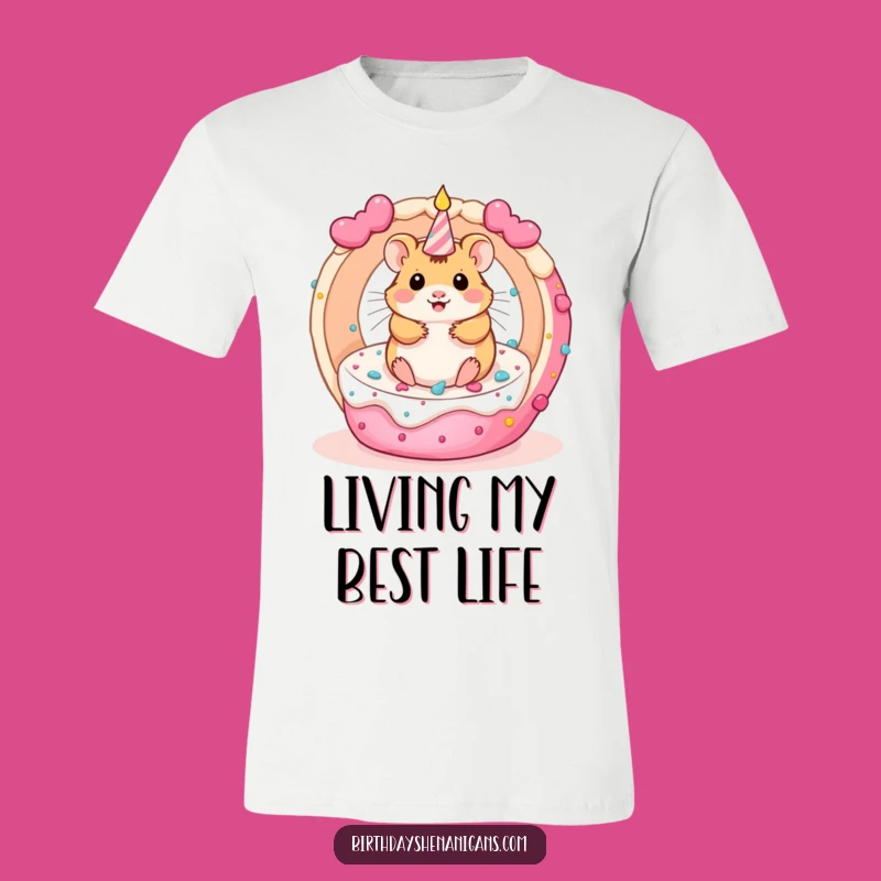 Funny Kawaii Hamster T-Shirt - Whimsical Rolling Birthday Cake Design
