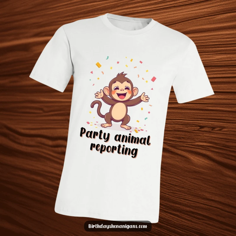 Funny t-shirt with a kawaii monkey gleefully showering confetti, perfect for party lovers and a great funny gift for friends.