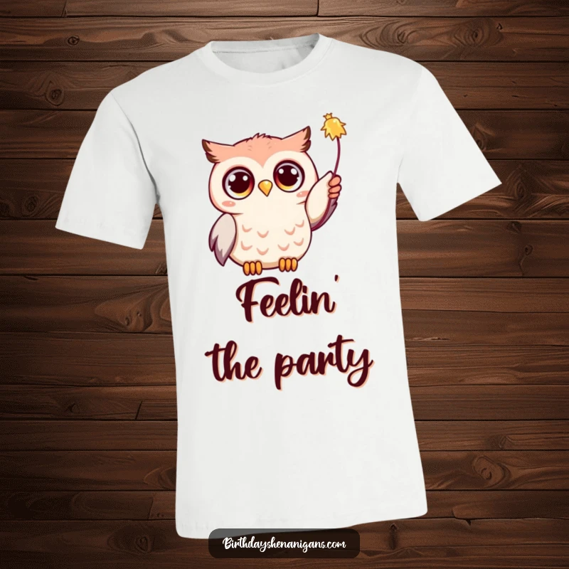 Funny Kawaii owl with big, curious eyes, reaching out with a wing towards a dangling party streamer, ready for fun.