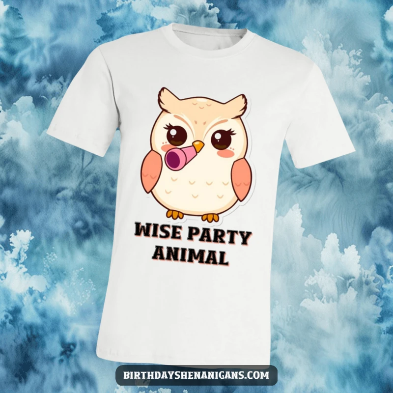 Funny kawaii owl character wearing a party blower in its beak on a T-shirt, conveying a cheerful and celebratory mood.