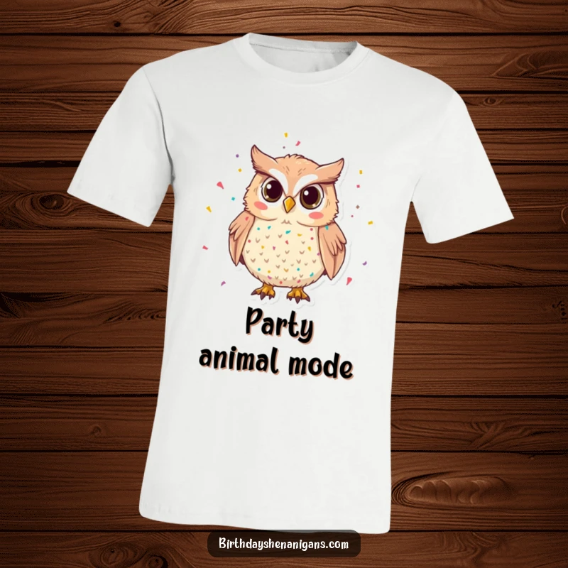 Funny Owl T-Shirt: A mischievous owl adorned with confetti, ready for festivities, making it a great funny gift.