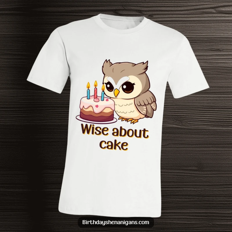 Funny owl t-shirt featuring a curious character examining a birthday cake with wide, intrigued eyes.