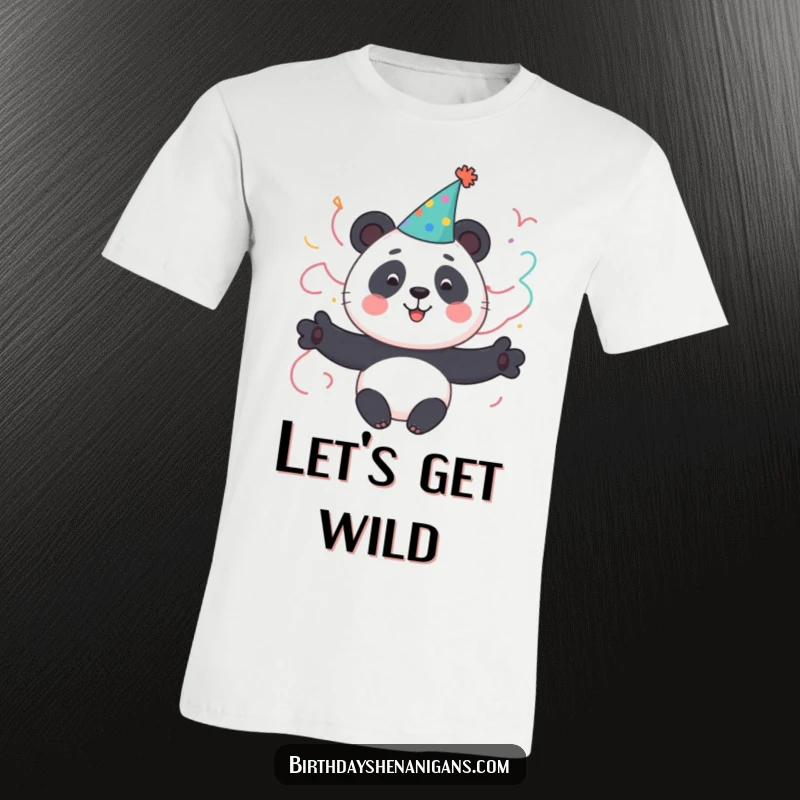 Funny Panda T-Shirt: A cute panda character in a party hat with streamers, embodying festive fun.