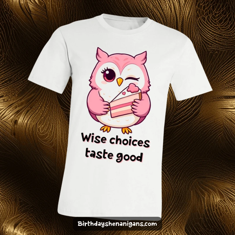 Funny winking owl t-shirt with a playful character holding a slice of cake, ideal for casual, humorous wear.