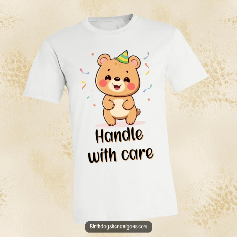 Funny t-shirt graphic of a cheerful bear expertly juggling a cascade of bright party streamers, embodying pure joy.