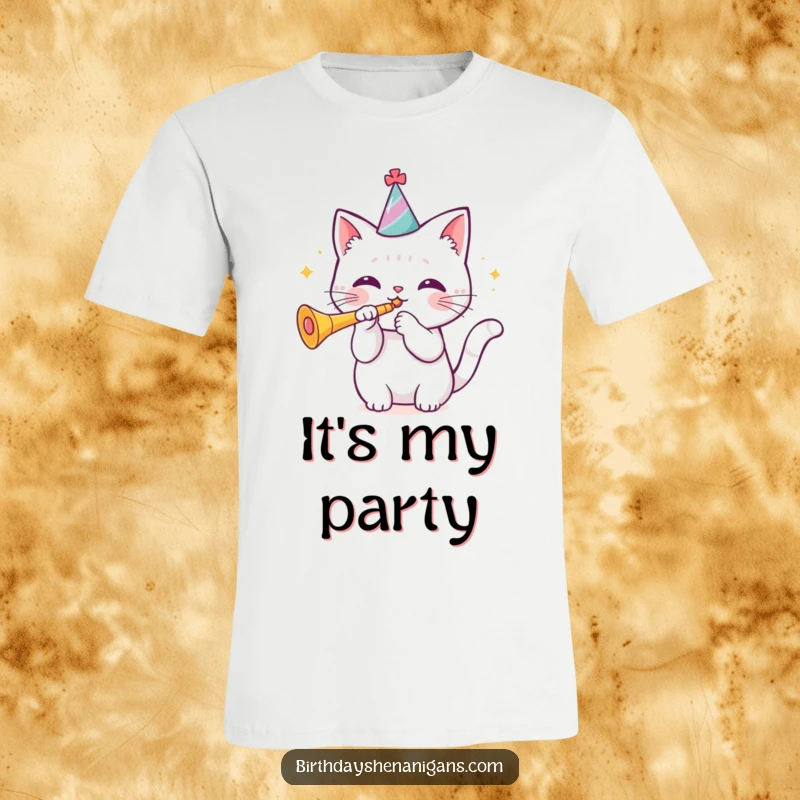 Funny kawaii cat wearing a birthday hat blowing a trumpet on a t-shirt, perfect for celebrations. Humorous gift.