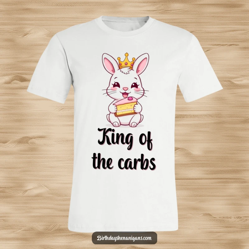 Funny rabbit t-shirt, wearing crown, holding cake slice, happy bunny, royal celebration, humorous apparel.