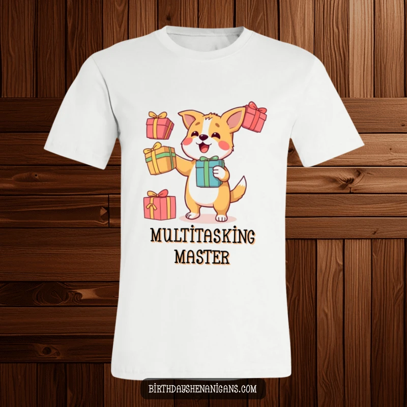 Funny t-shirt depicting a determined dog character expertly juggling three vibrant gift boxes, showcasing impressive coordination.